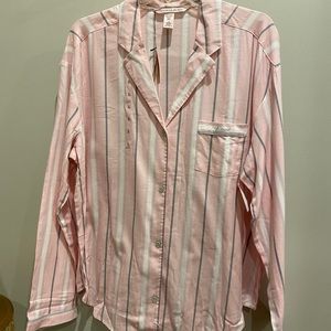 VS Button Up, Pink, Gray & White stripe, long sleeve PJ top, sz Large